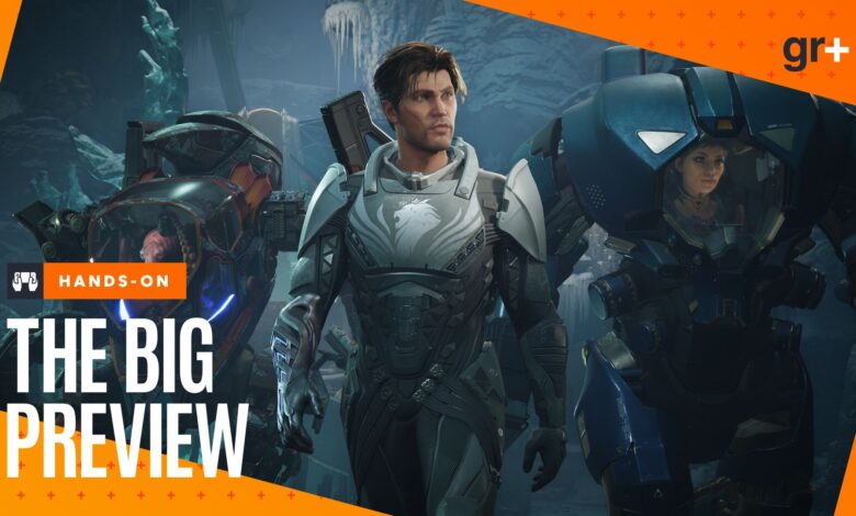 Exodus screenshot of characters with Big Preview branding template