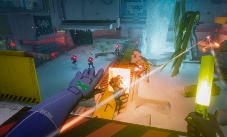 A player readies a grenade to toss towards a set of robot enemies.
