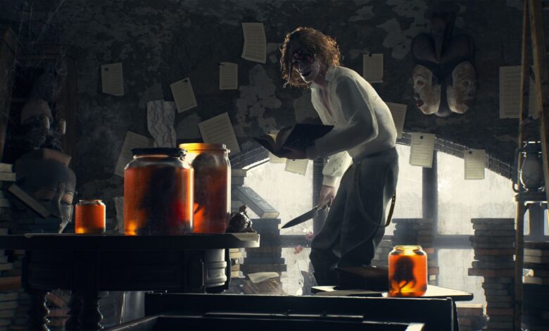 Corentin, a man with worms for eyes, holds a book in one hand and a knife in the other